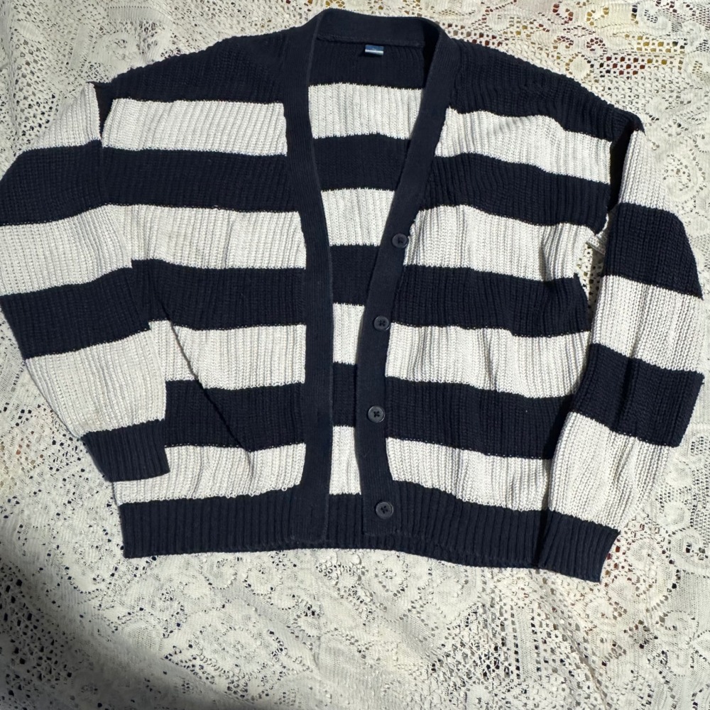 Old Navy Cardigan Sweater XL (12) Blue &‎ White Striped Knit Cotton Blend